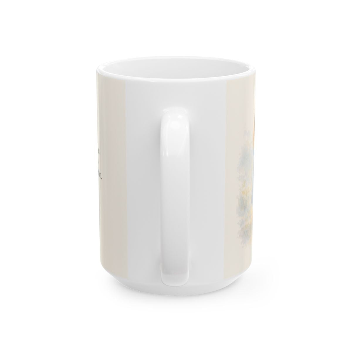 La luz de Dios brilla en mis tinieblas | Taza devocional ilustrada | Juan 1:5 — 15 oz · Vista posterior