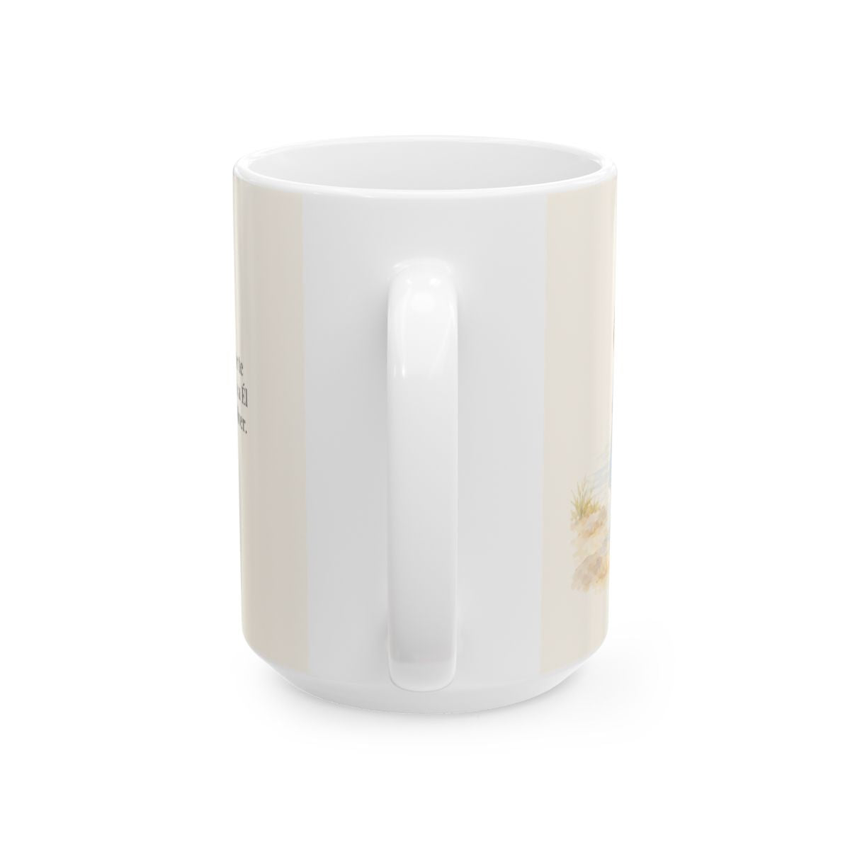 Con cuerdas de amor te atraje | Taza bíblica de cerámica | Jeremías 31:3 — 15 oz · Vista posterior