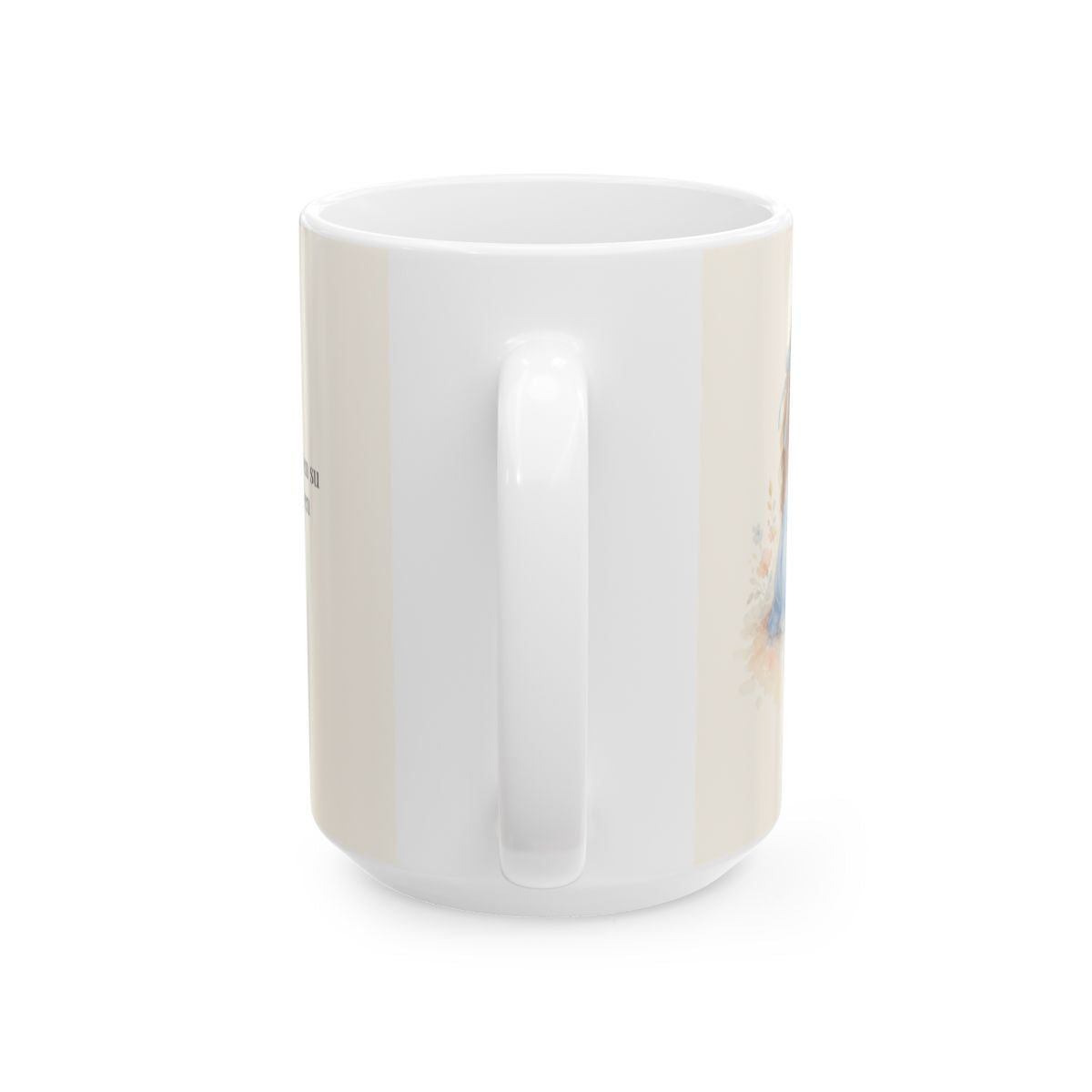 Donde dos se juntan, allí estoy yo | Taza devocional ilustrada | Mateo 18:20 — 15 oz · Vista posterior