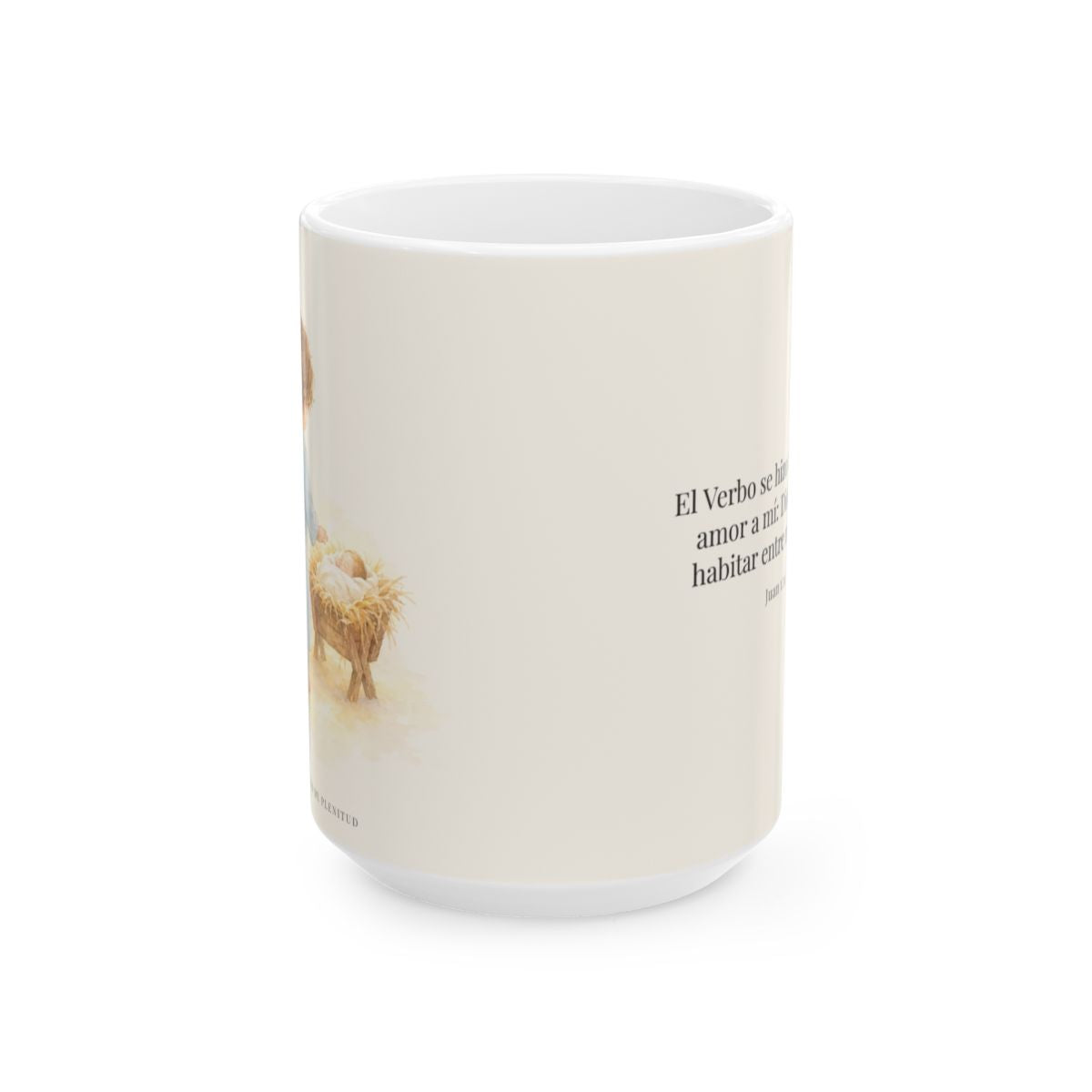 El Verbo se hizo carne por amor a mí | Taza cristiana en dos tamaños | Juan 1:14 — 15 oz · Vista frontal