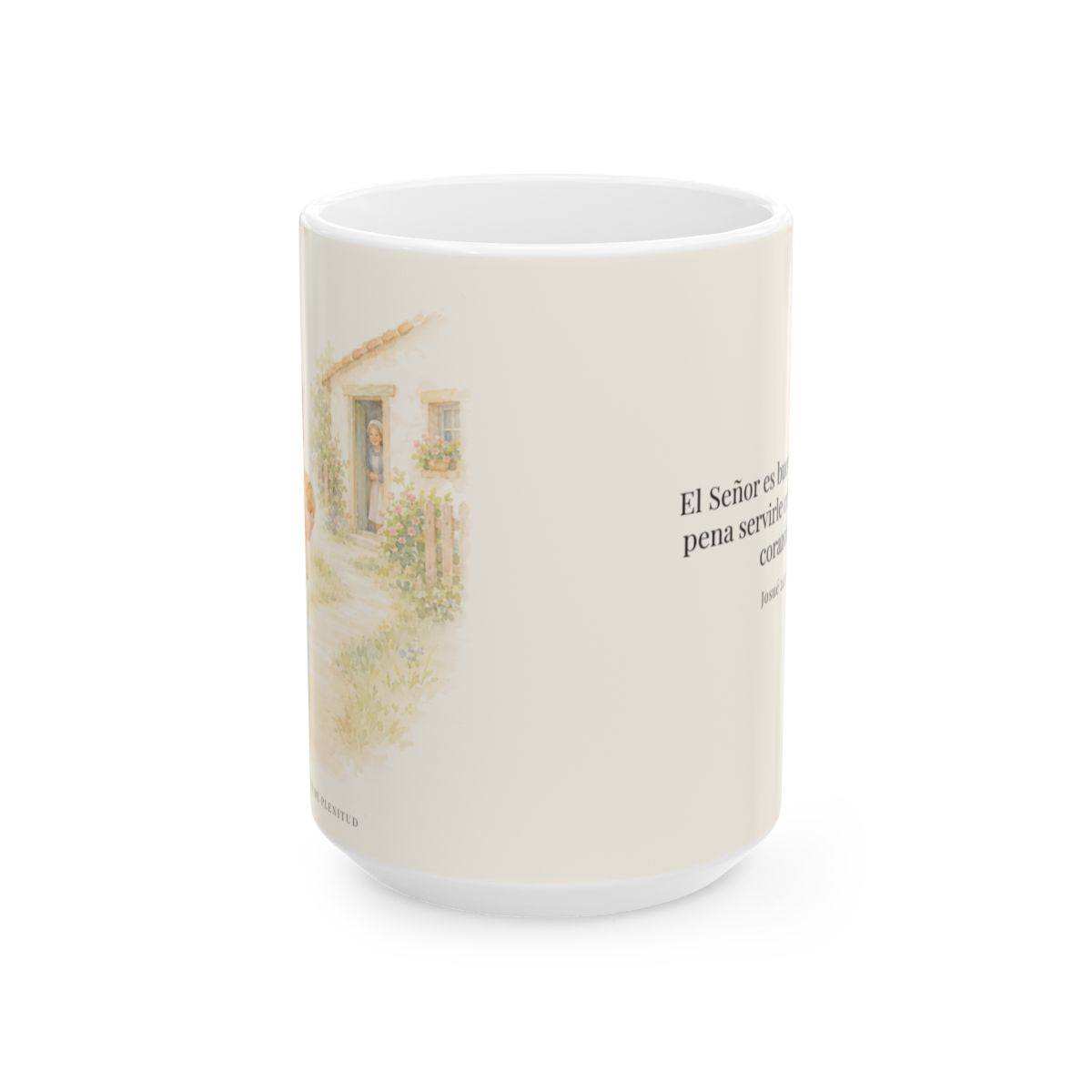 El Señor es bueno con quien lo sirve | Taza cristiana con frase devocional | Josué 24:15 — 15 oz · Vista frontal