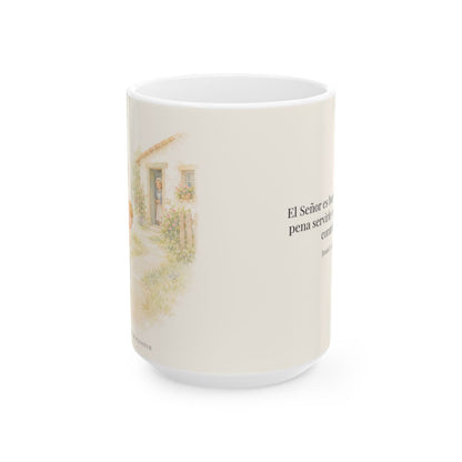El Señor es bueno con quien lo sirve | Taza cristiana con frase devocional | Josué 24:15 — 15 oz · Vista frontal
