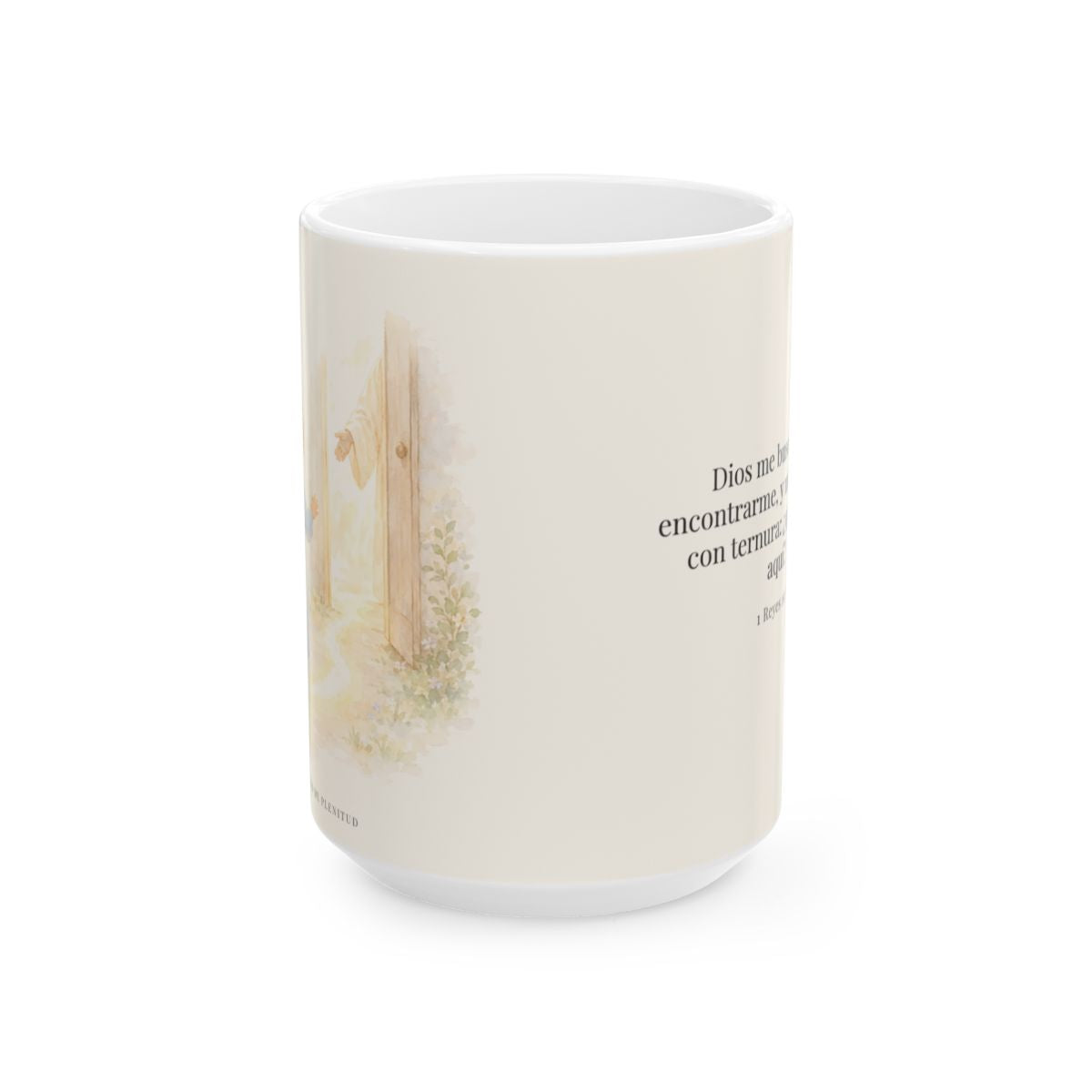 Dios me busca para encontrarme | Taza con arte cristiano | 1 Reyes 19:12 — 15 oz · Vista frontal