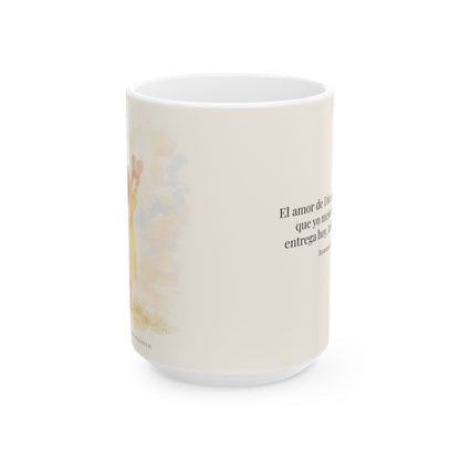Dios demuestra su amor para conmigo | Taza de fe para cada mañana | Romanos 5:8 — 15 oz · Vista frontal