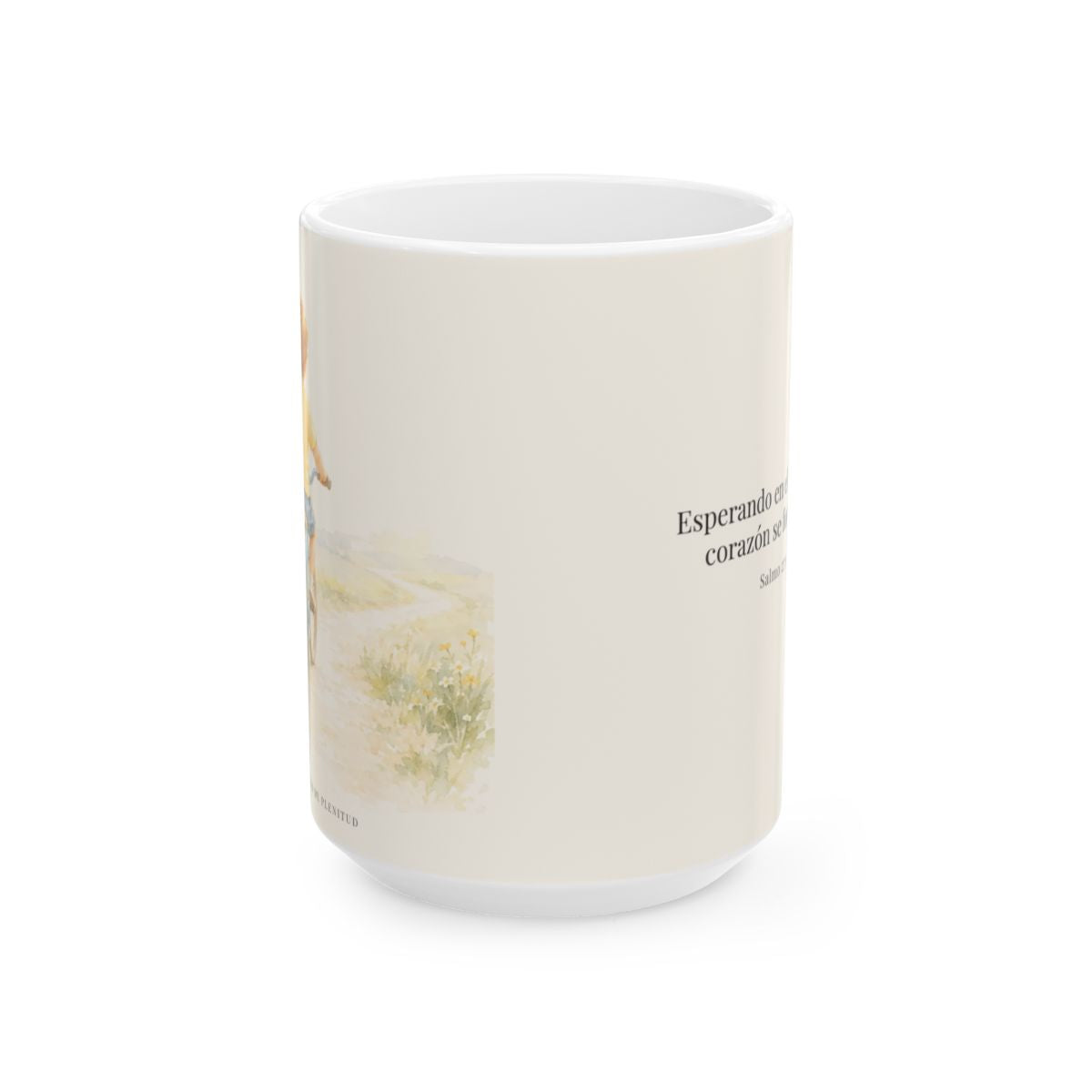 Jehová fortalece tu corazón | Taza bíblica para café | Salmo 27:14 — 15 oz · Vista frontal