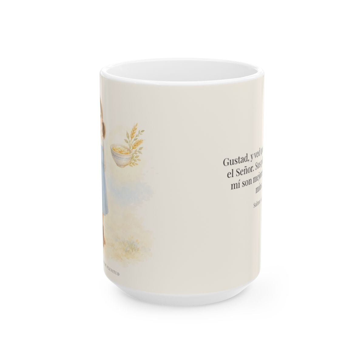 Gustad, y ved que es bueno Jehová | Taza cristiana en dos tamaños | Salmo 34:8 — 15 oz · Vista frontal