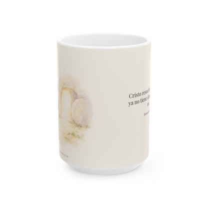 Cristo vive y la muerte ya no reina | Taza cristiana en dos tamaños | Romanos 6:9 — 15 oz · Vista frontal