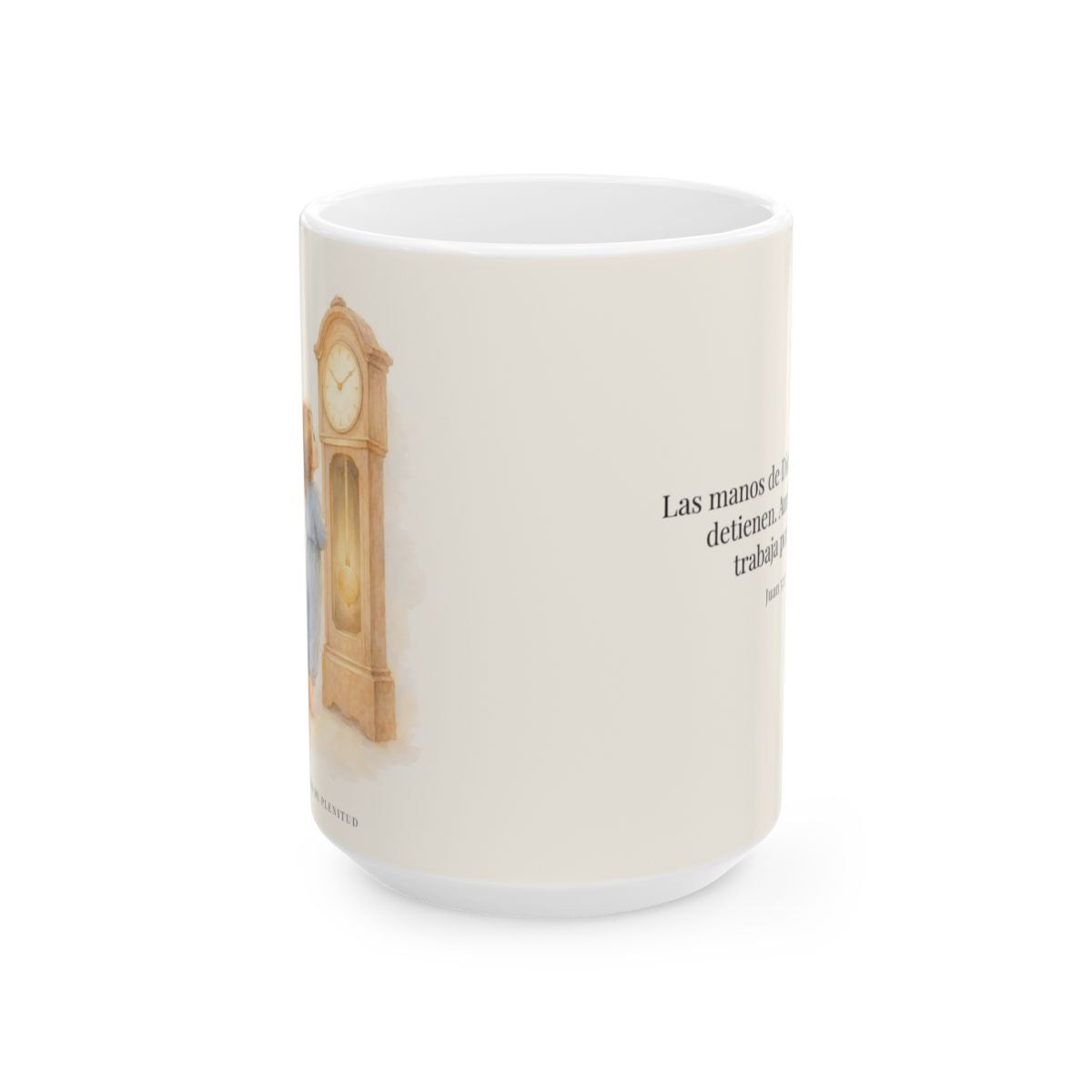 Las manos de Dios no se detienen por mí | Taza de fe para cada mañana | Juan 5:17 — 15 oz · Vista frontal