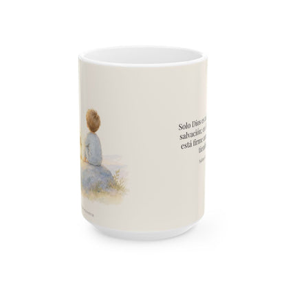 Solo Dios es mi roca y mi salvación | Taza cristiana en dos tamaños | Salmo 62:2 — 15 oz · Vista frontal