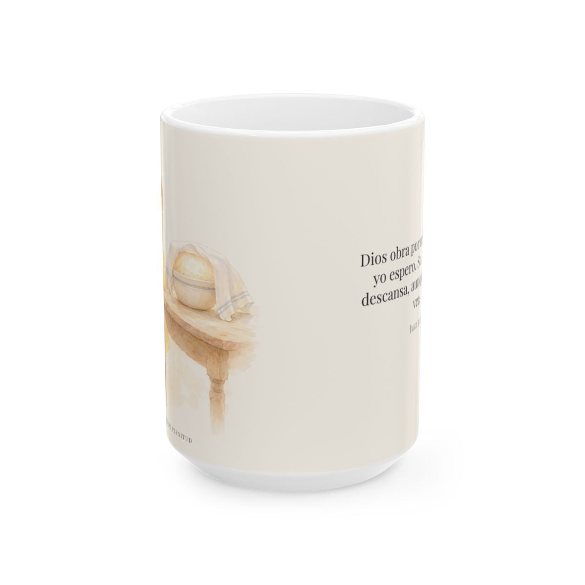 Dios obra por mí mientras yo espero | Taza cristiana con frase devocional | Juan 5:17 — 15 oz · Vista frontal