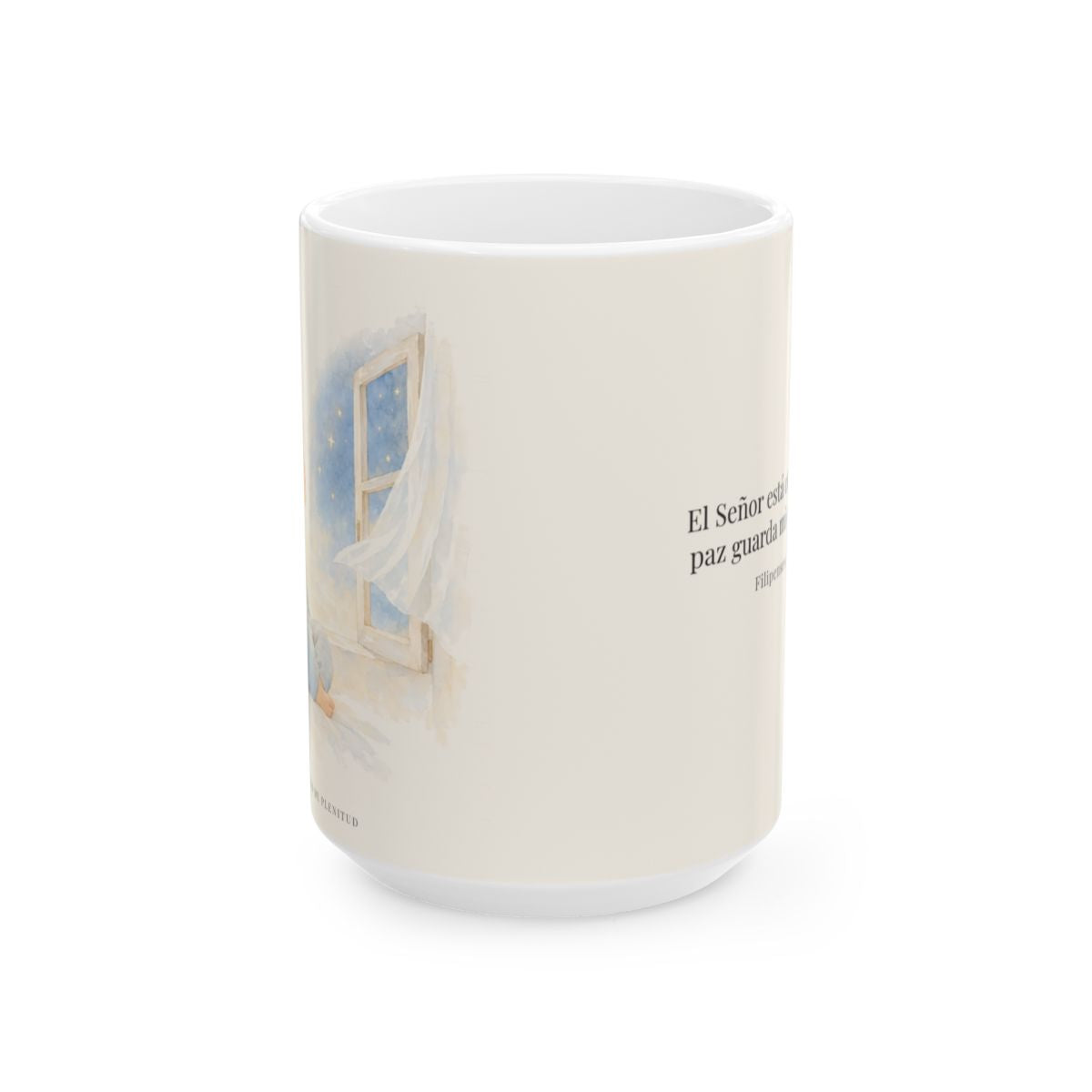 El Señor está cerca de mí | Taza de inspiración bíblica | Filipenses 4:7 — 15 oz · Vista frontal
