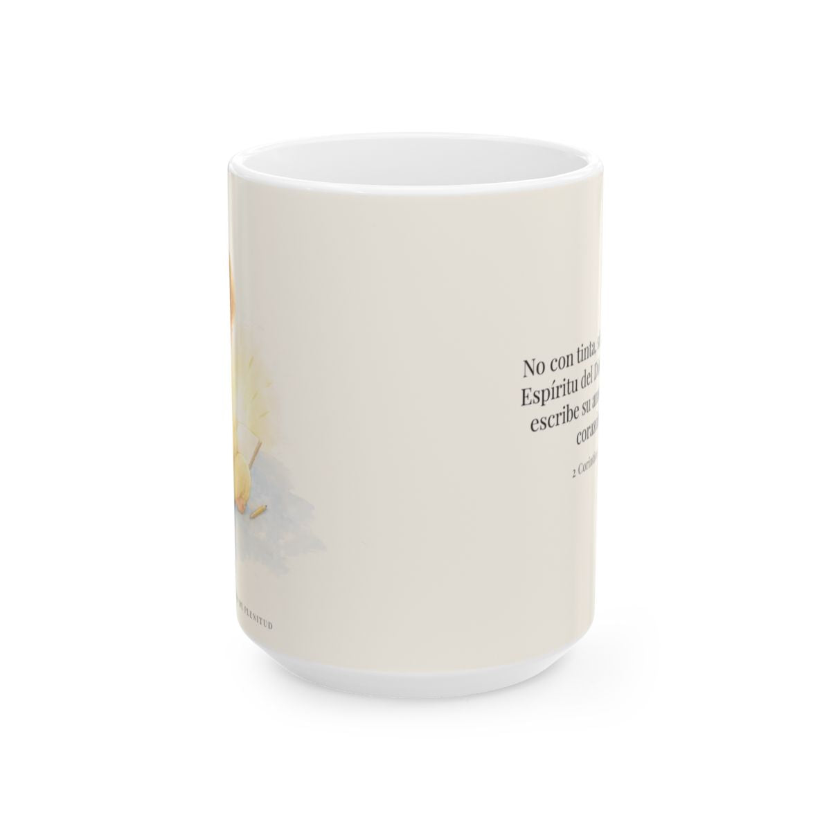 El Espíritu del Dios vivo escribe en mi corazón | Taza devocional de fe | 2 Corintios 3:3 — 15 oz · Vista frontal