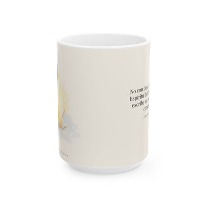 El Espíritu del Dios vivo escribe en mi corazón | Taza devocional de fe | 2 Corintios 3:3 — 15 oz · Vista frontal