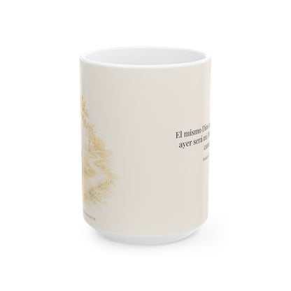 El mismo Dios será mi Dios hasta la vejez | Taza bíblica de cerámica | Isaías 46:4 — 15 oz · Vista frontal