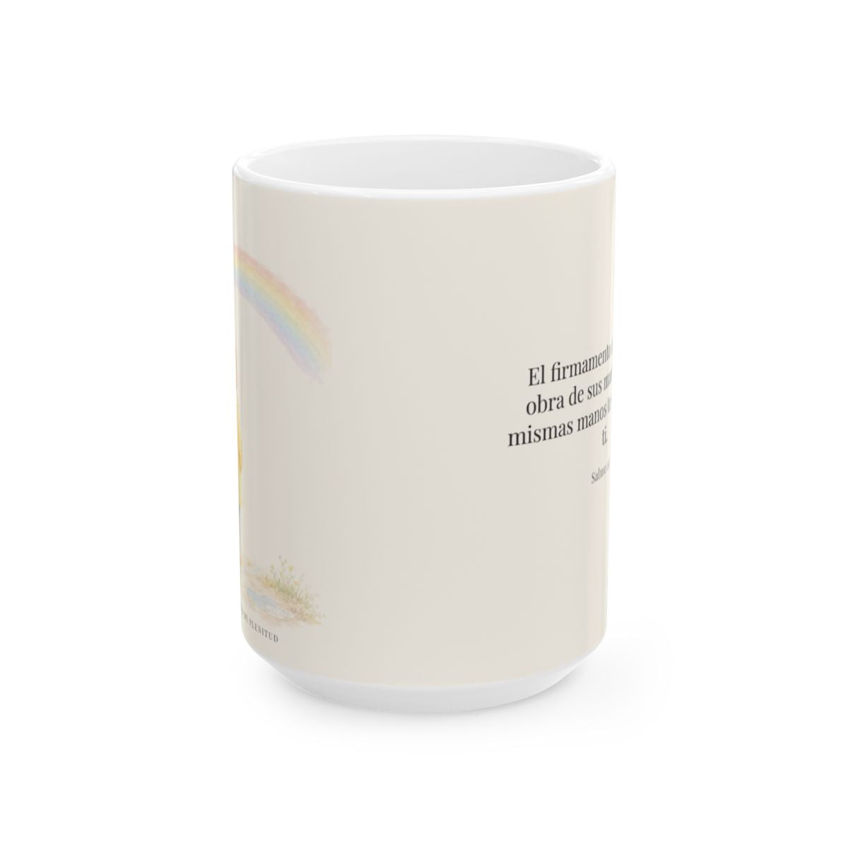 El firmamento anuncia la obra de sus manos | Taza bíblica para café | Salmo 19:1 — 15 oz · Vista frontal
