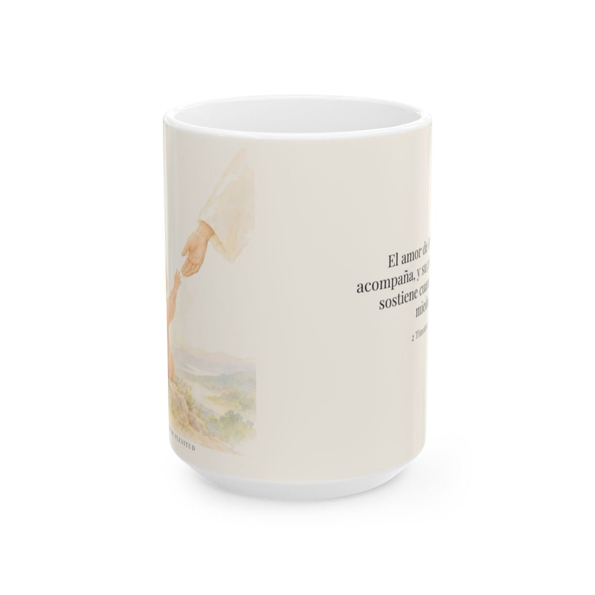 Dios está conmigo y no me suelta | Taza bíblica para café | 2 Timoteo 1:7 — 15 oz · Vista frontal