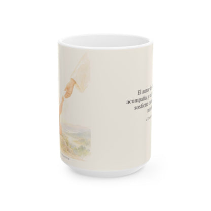 Dios está conmigo y no me suelta | Taza bíblica para café | 2 Timoteo 1:7 — 15 oz · Vista frontal
