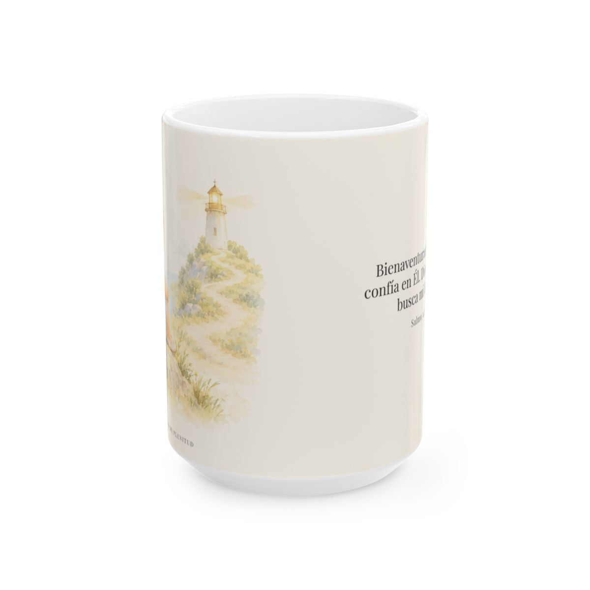 Bienaventurado el que confía en Él | Taza de fe para cada mañana | Salmo 34:8 — 15 oz · Vista frontal