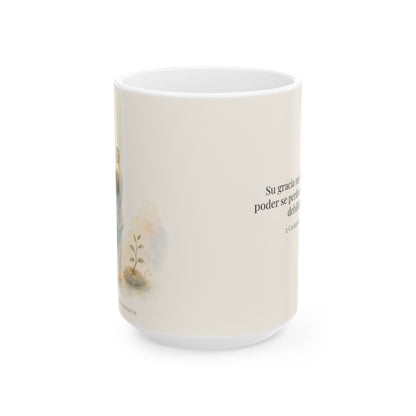 Su gracia me basta | Taza bíblica para café | 2 Corintios 12:9 — 15 oz · Vista frontal