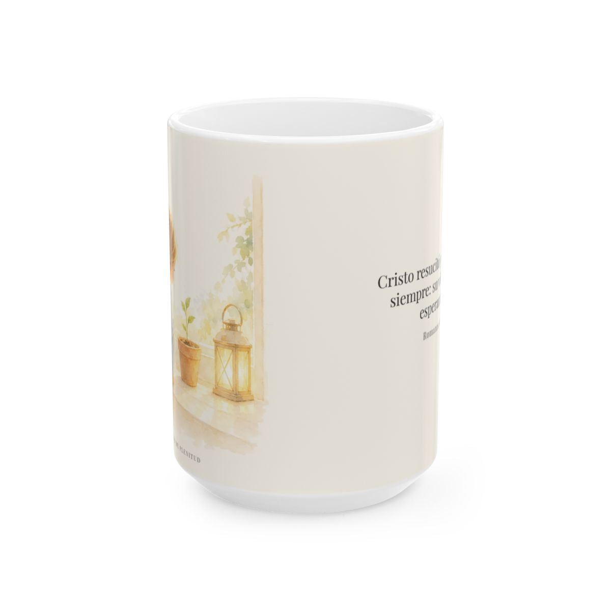 Cristo vive para siempre y nunca más muere | Taza de fe para cada mañana | Romanos 6:9 — 15 oz · Vista frontal