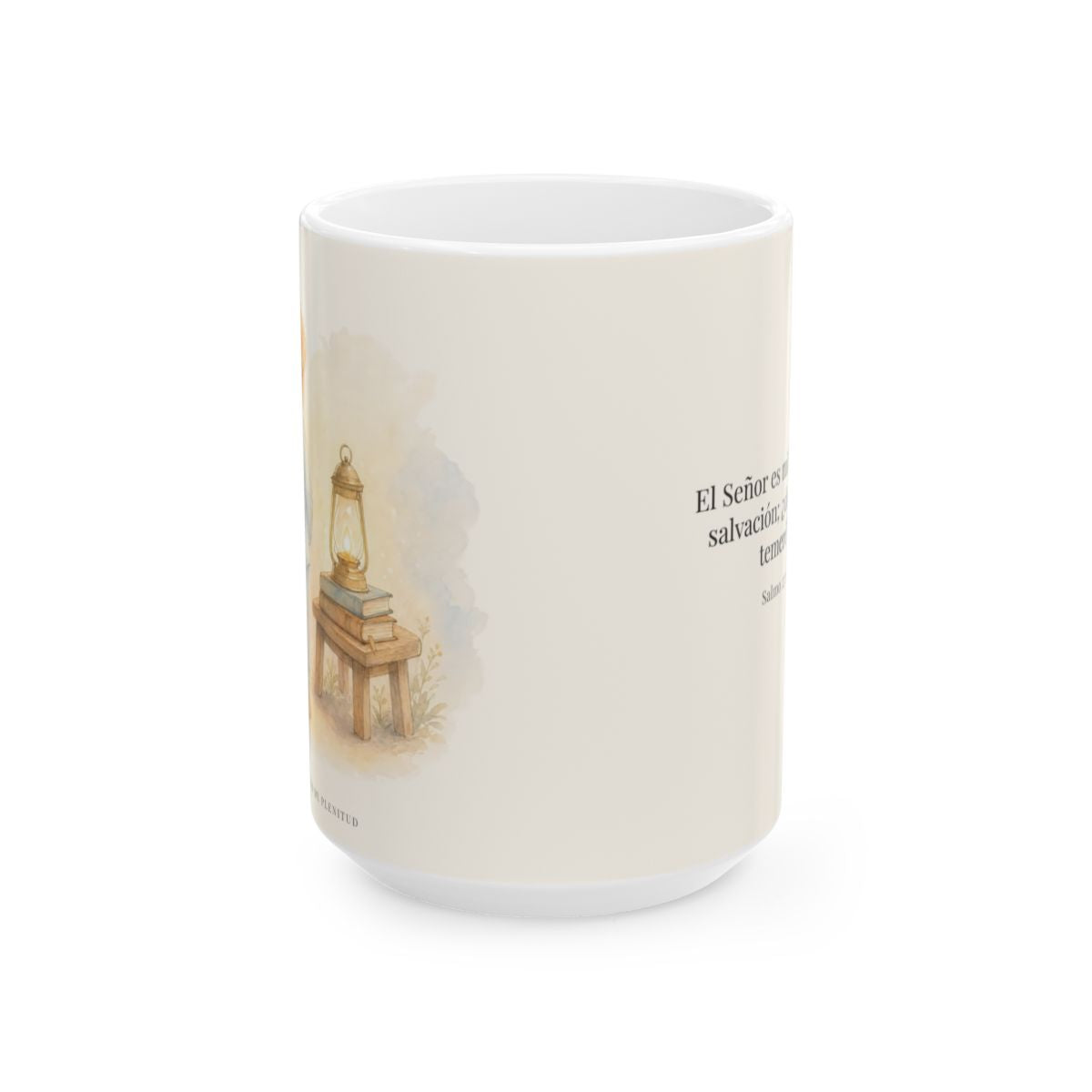Jehová es mi luz y mi salvación | Taza cristiana con frase devocional | Salmo 27:1 — 15 oz · Vista frontal