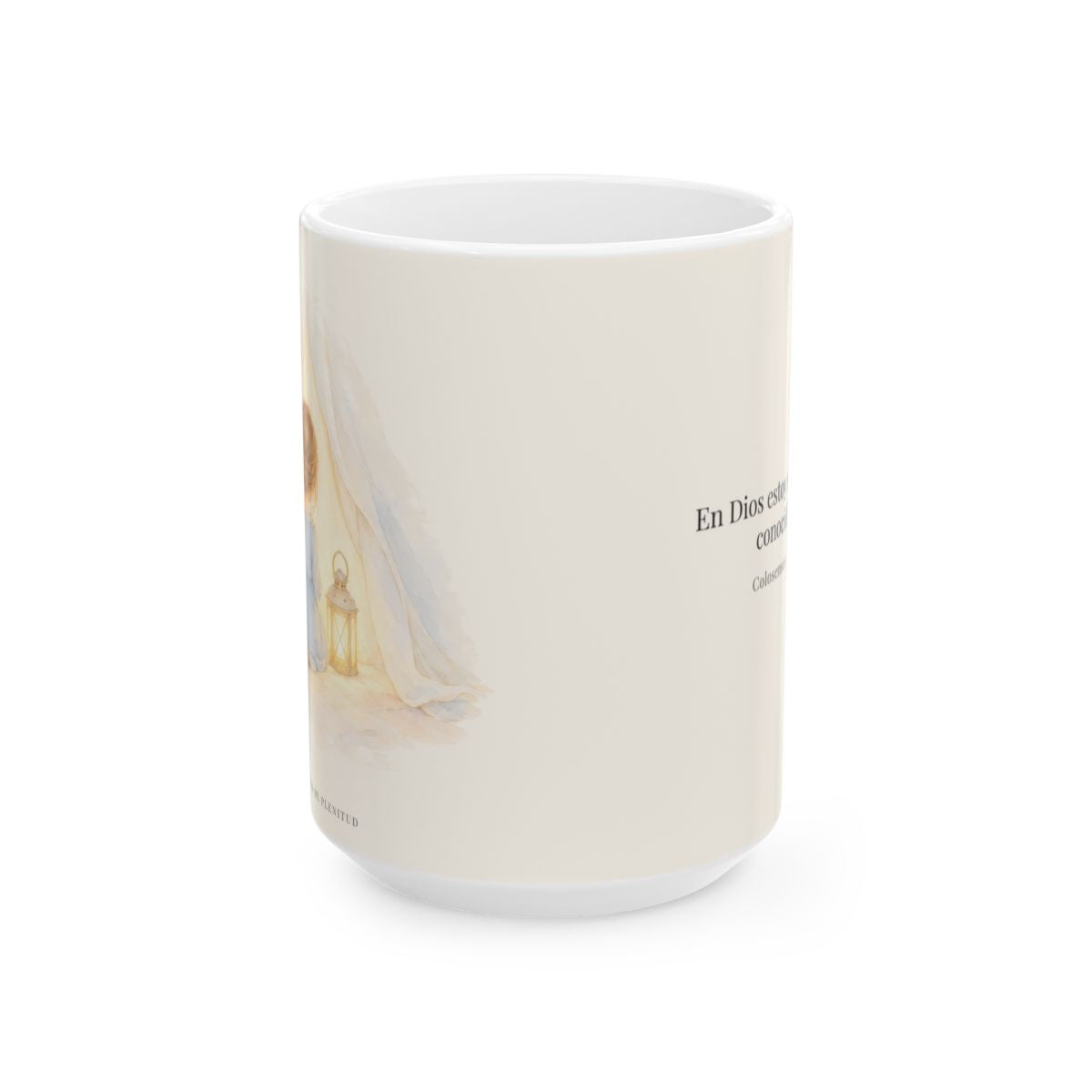 En Dios estoy seguro y conocido | Taza cristiana en dos tamaños | Colosenses 3:3 — 15 oz · Vista frontal