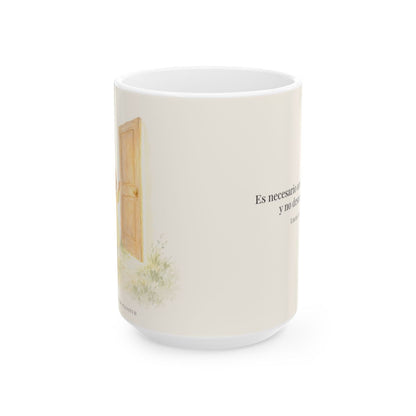 Es necesario orar siempre, y no desmayar | Taza devocional ilustrada | Lucas 18:1 — 15 oz · Vista frontal