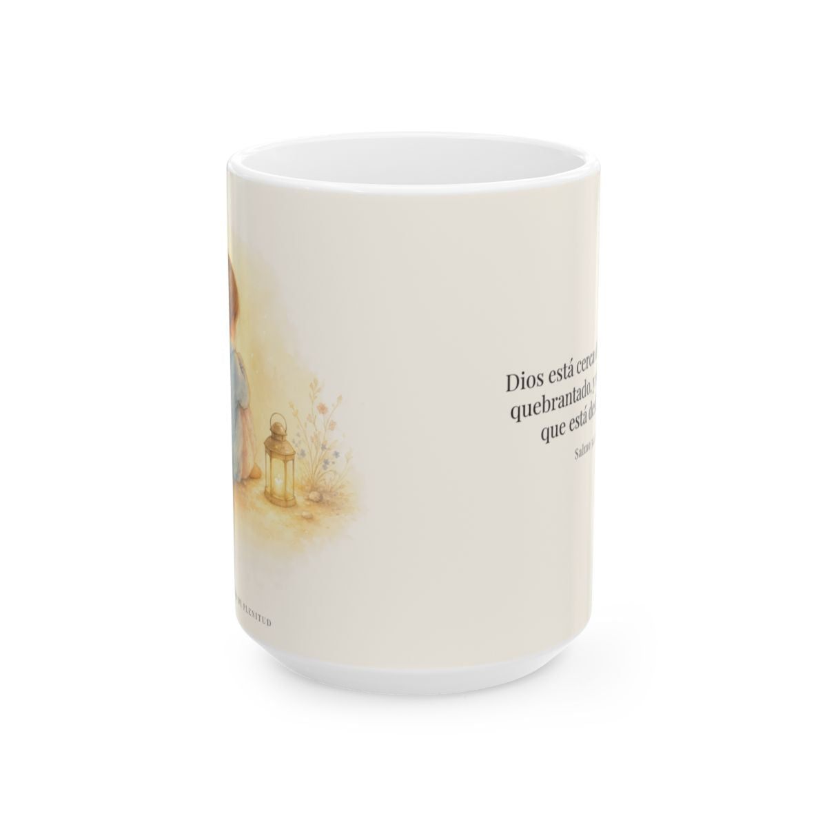 Dios está cerca del corazón quebrantado | Taza devocional ilustrada | Salmo 34:18 — 15 oz · Vista frontal