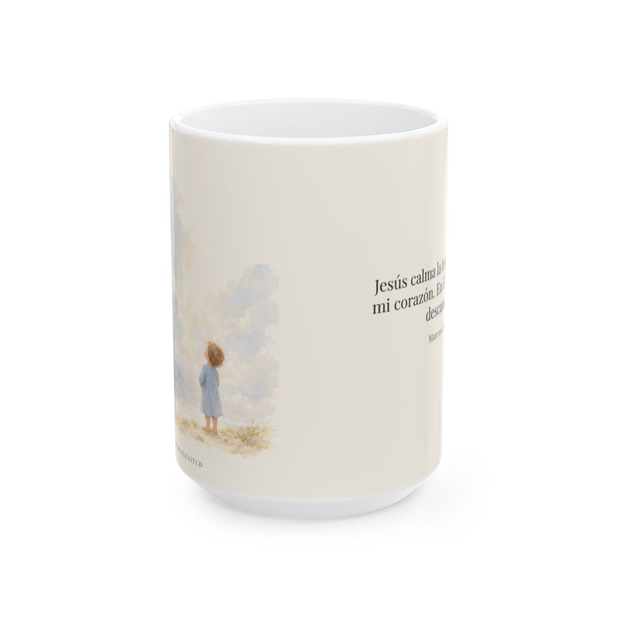 Jesús calma la tempestad de mi corazón | Taza bíblica para café | Marcos 4:39 — 15 oz · Vista frontal