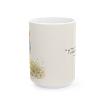 El Señor no te dejará caer | Taza devocional de fe | Salmo 55:22 — 15 oz · Vista frontal