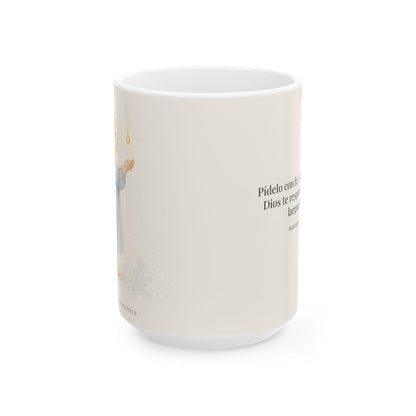 Dios dará sin dudar al que pide con fe | Taza devocional de fe | Santiago 1:6 — 15 oz · Vista frontal