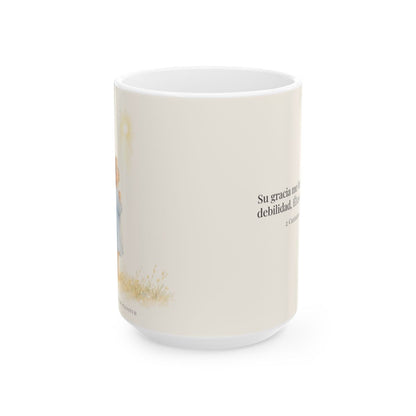 Su gracia me basta | Taza de fe para cada mañana | 2 Corintios 12:9 — 15 oz · Vista frontal