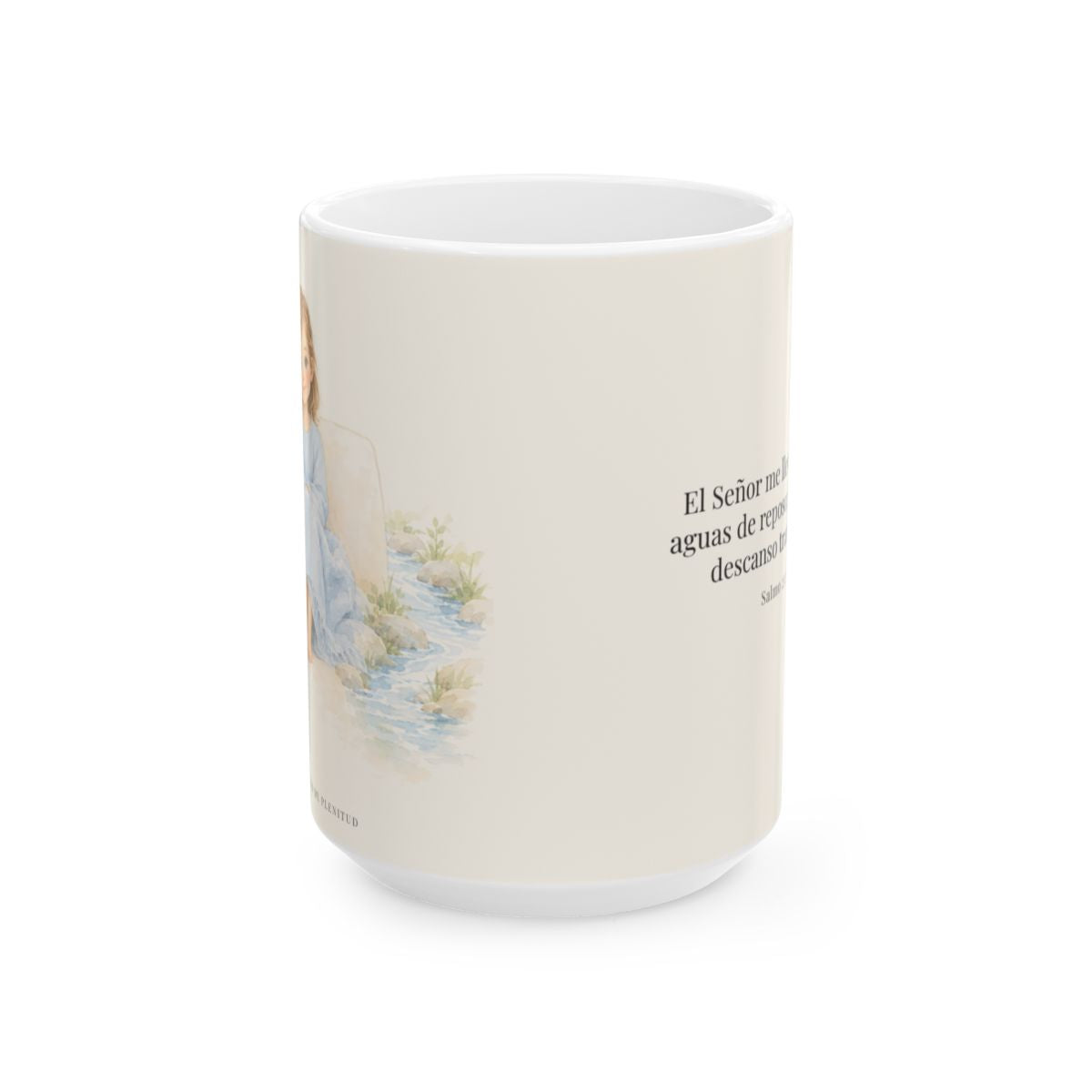 Junto a aguas de reposo me pastorea | Taza cristiana con frase devocional | Salmo 23:2 — 15 oz · Vista frontal