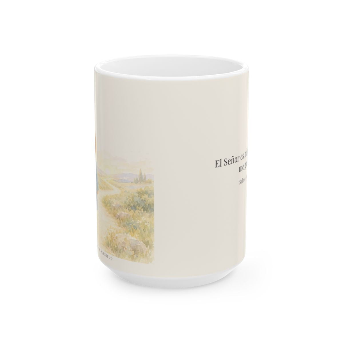 El Señor es mi pastor; Él me guía | Taza bíblica para café | Salmo 23:1 — 15 oz · Vista frontal