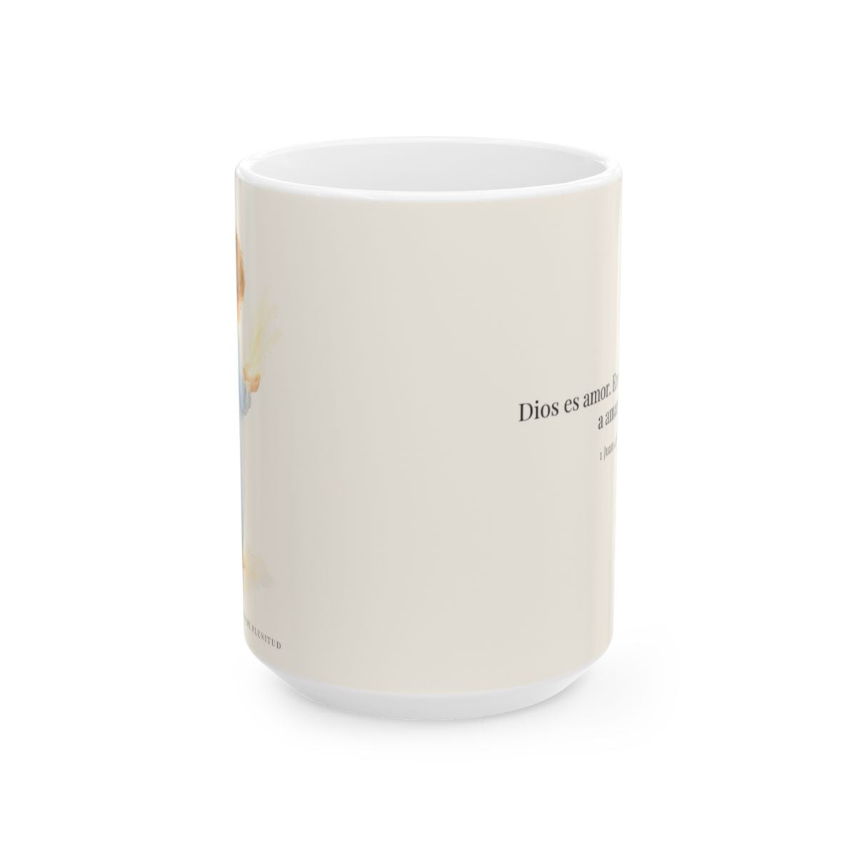 Quien no ama no conoce a Dios, porque Dios es amor | Taza bíblica de cerámica | 1 Juan 4:8 — 15 oz · Vista frontal