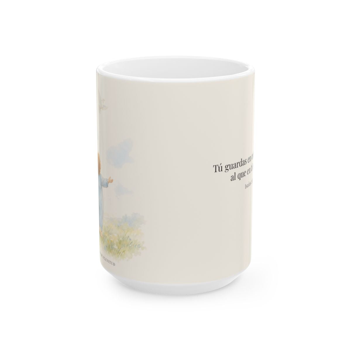Tú guardas en paz al que confía en ti | Taza devocional ilustrada | Isaías 26:3 — 15 oz · Vista frontal