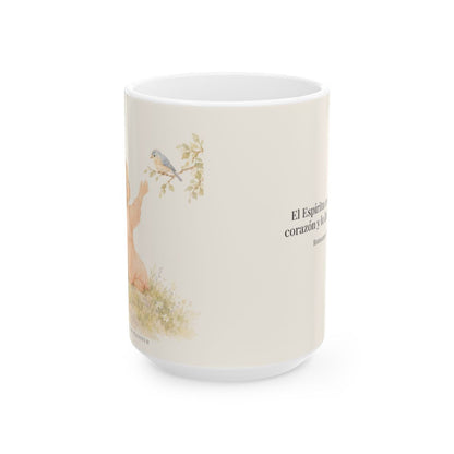 El Espíritu conoce lo que hay en mi corazón | Taza de inspiración bíblica | Romanos 8:26 — 15 oz · Vista frontal