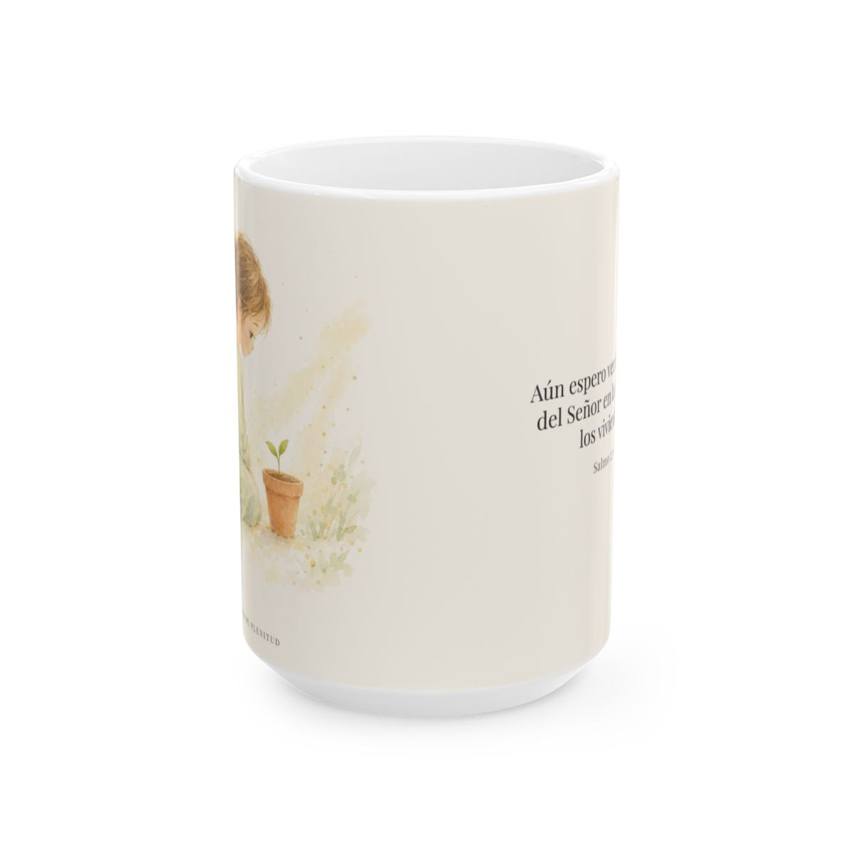 El Señor es bueno y yo veré su bondad | Taza bíblica de cerámica | Salmo 27:13 — 15 oz · Vista frontal