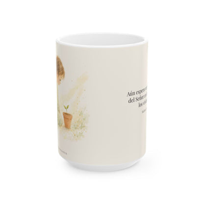El Señor es bueno y yo veré su bondad | Taza bíblica de cerámica | Salmo 27:13 — 15 oz · Vista frontal