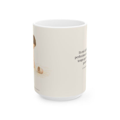 En mi debilidad se perfecciona su poder | Taza devocional de fe | 2 Corintios 12:9 — 15 oz · Vista frontal