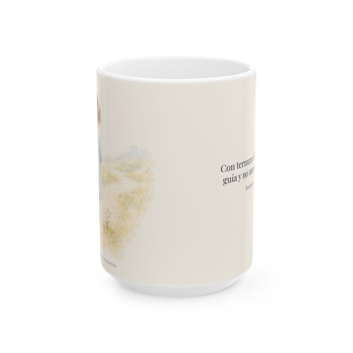El Señor conduce con ternura a las que tienen cría | Taza de fe para cada mañana | Isaías 40:11 — 15 oz · Vista frontal