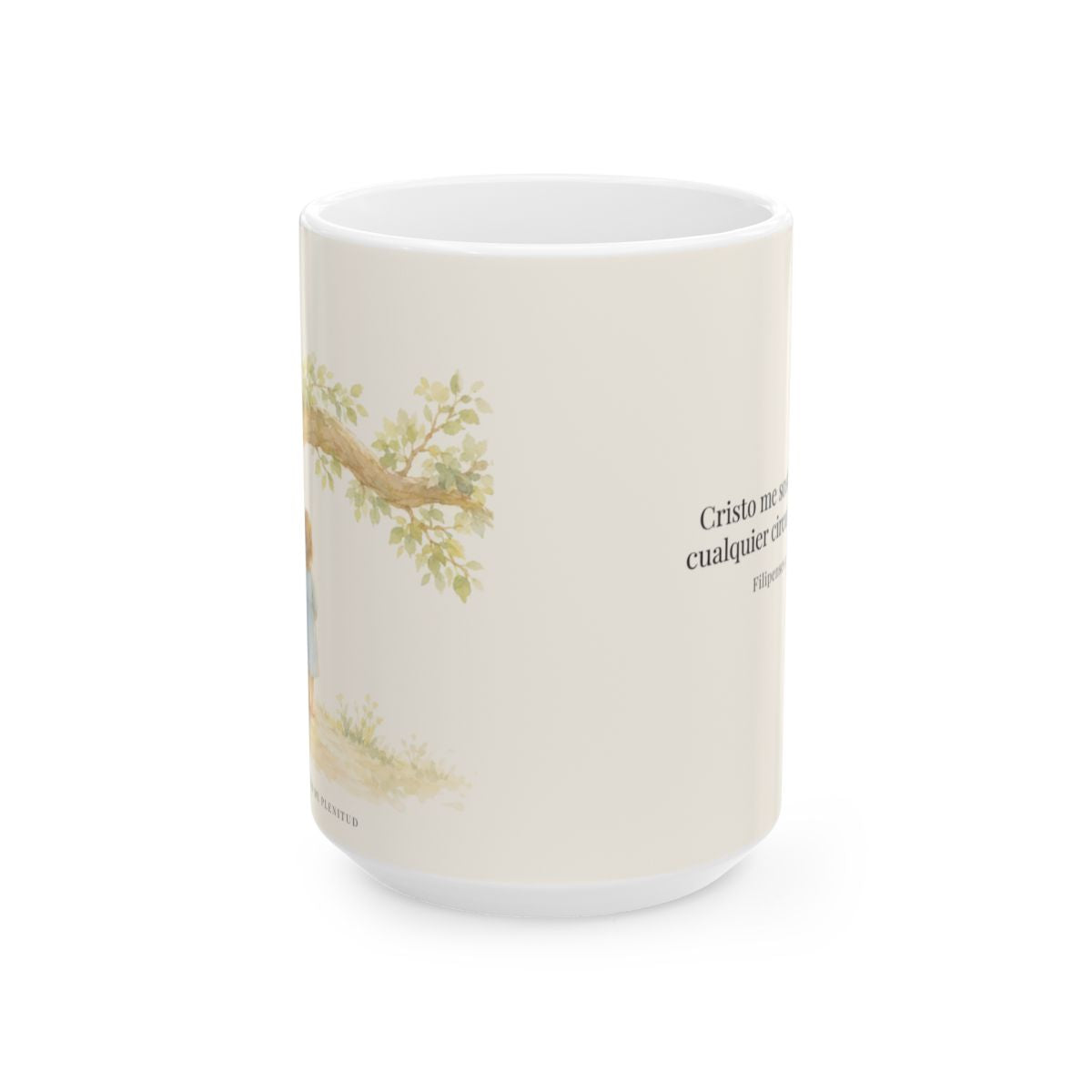 Cristo me sostiene en cualquier circunstancia | Taza devocional de fe | Filipenses 4:13 — 15 oz · Vista frontal