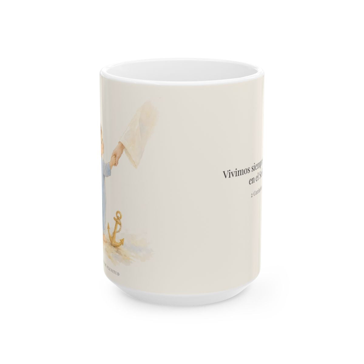 Vivimos confiados en el Señor | Taza con arte cristiano | 2 Corintios 5:7 — 15 oz · Vista frontal