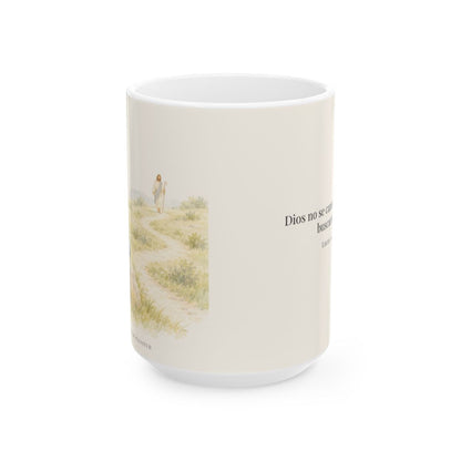 Dios no se cansa de buscarme | Taza bíblica para café | Lucas 15:4 — 15 oz · Vista frontal