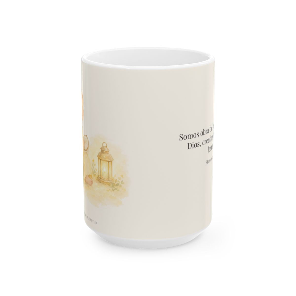 Somos obra de las manos de Dios | Taza con arte cristiano | Efesios 2:10 — 15 oz · Vista frontal