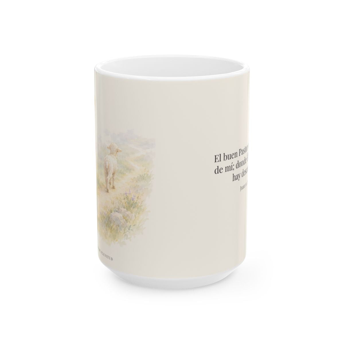 El buen Pastor va delante de mí | Taza de fe para cada mañana | Juan 10:27 — 15 oz · Vista frontal