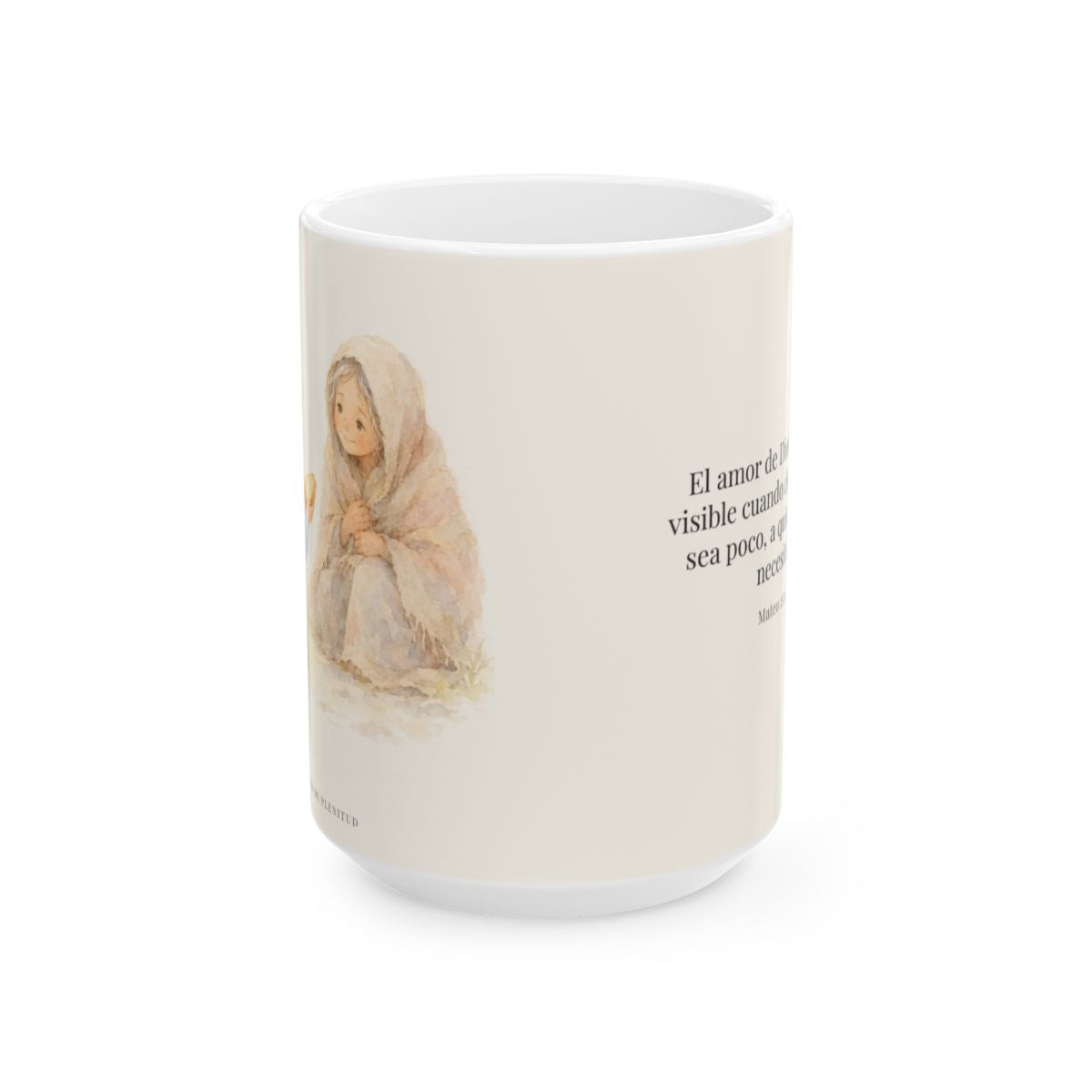 El amor de Dios se da en cosas pequeñas | Taza bíblica para café | Mateo 25:40 — 15 oz · Vista frontal