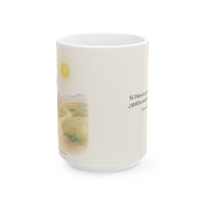 Si Dios es por nosotros, ¿quién contra nosotros? | Taza devocional ilustrada | Romanos 8:31 — 15 oz · Vista frontal