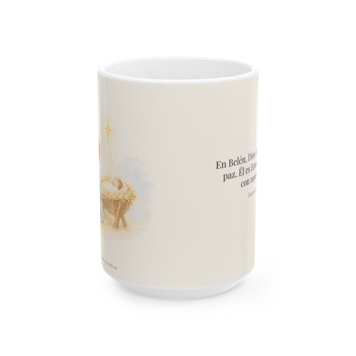 En Belén, Dios vino a darme paz | Taza bíblica de cerámica | Lucas 2:14 — 15 oz · Vista frontal