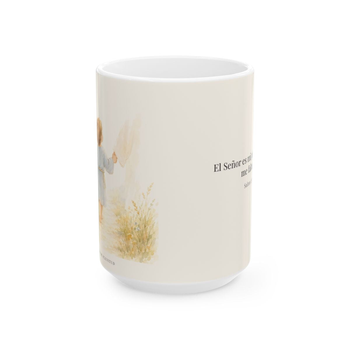 Jehová es mi pastor, nada me faltará | Taza de fe para cada mañana | Salmo 23:1 — 15 oz · Vista frontal